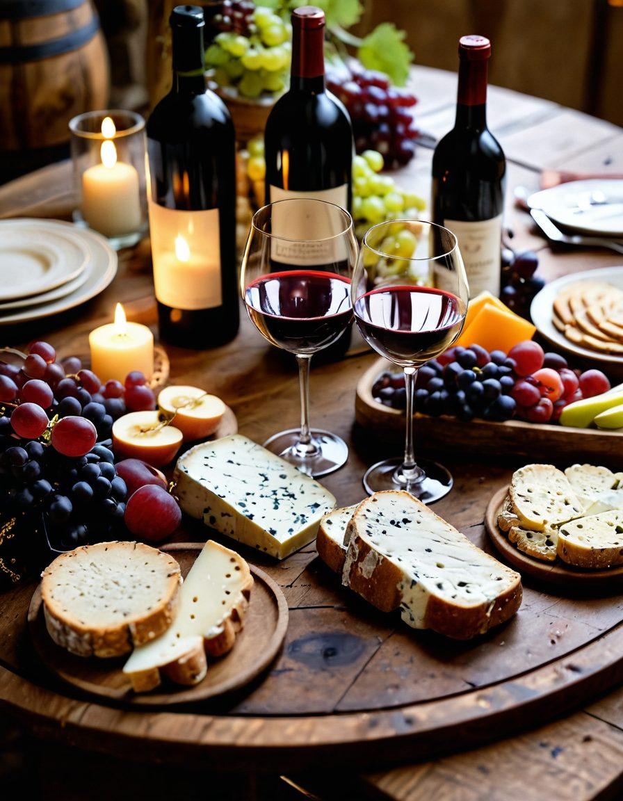 A beautifully arranged dining table featuring an array of elegant wine glasses filled with various reds and whites, surrounded by gourmet cheeses, fresh fruits, and artisanal bread. The warm glow of candlelight enhances the ambiance, with a backdrop of rustic wooden wine barrels and lush grapevines. A sophisticated touch of wine tasting tools like aroma kits and palate cleansers are subtly included. artistic still life. warm tones. super-realistic.