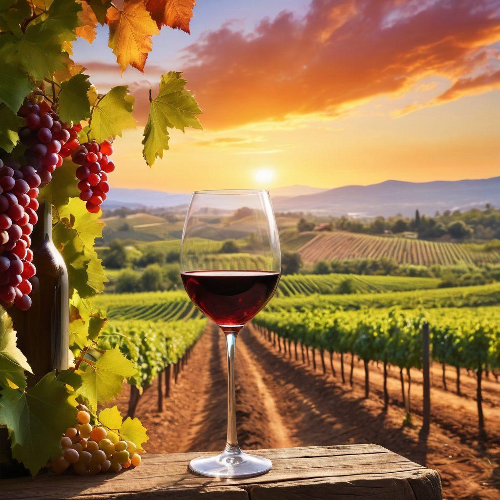 A scenic vineyard landscape at sunset, featuring rows of lush grapevines leading to a rustic winery. In the foreground, a beautifully crafted wine glass is half-filled with deep red wine, reflecting the warm hues of the sky. Subtle elements like a corkscrew and a cluster of grapes add detail to the scene, symbolizing the journey from vineyard to glass. artistic painting. warm colors. serene atmosphere.
