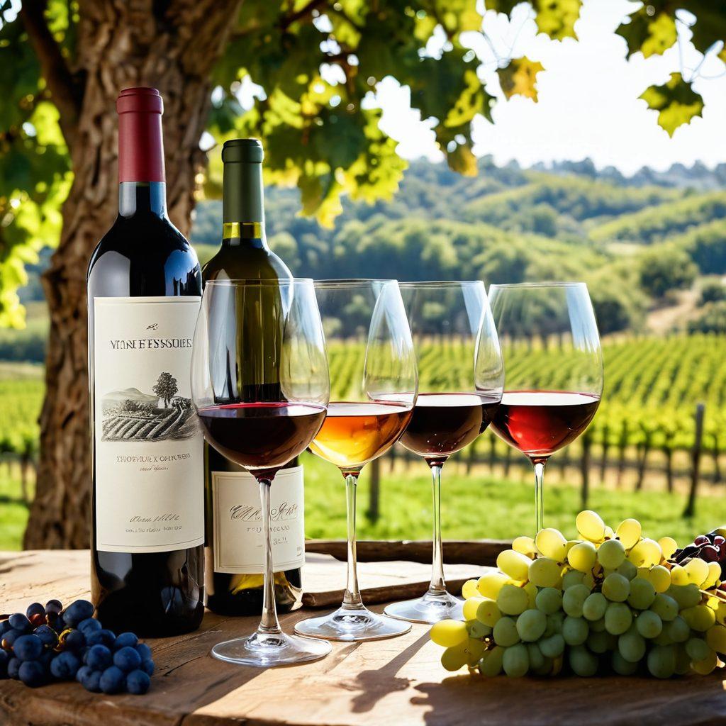 A beautifully arranged wine tasting scene featuring an array of vibrant wine bottles from various regions, elegant glasses filled with different varietals, and a charming vineyard in the background. Include detailed labels showcasing grape varieties and regions, with a sommelier analyzing the wines. Soft sunlight casting warm tones, highlighting the textures of wine and vineyard leaves. super-realistic. vibrant colors. lush green background.